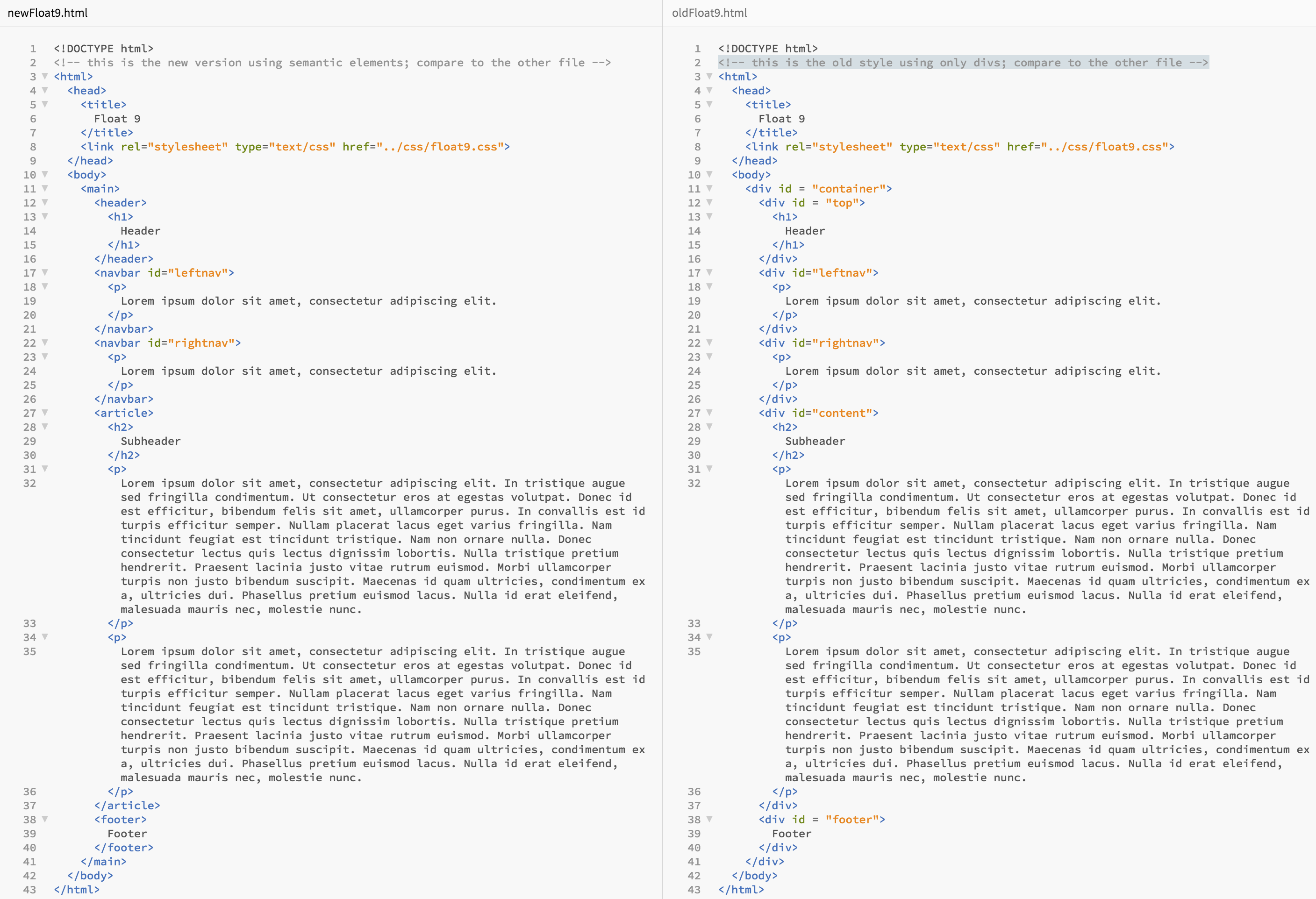 side by side code of the float9 assignment, with divs versus semantic elements